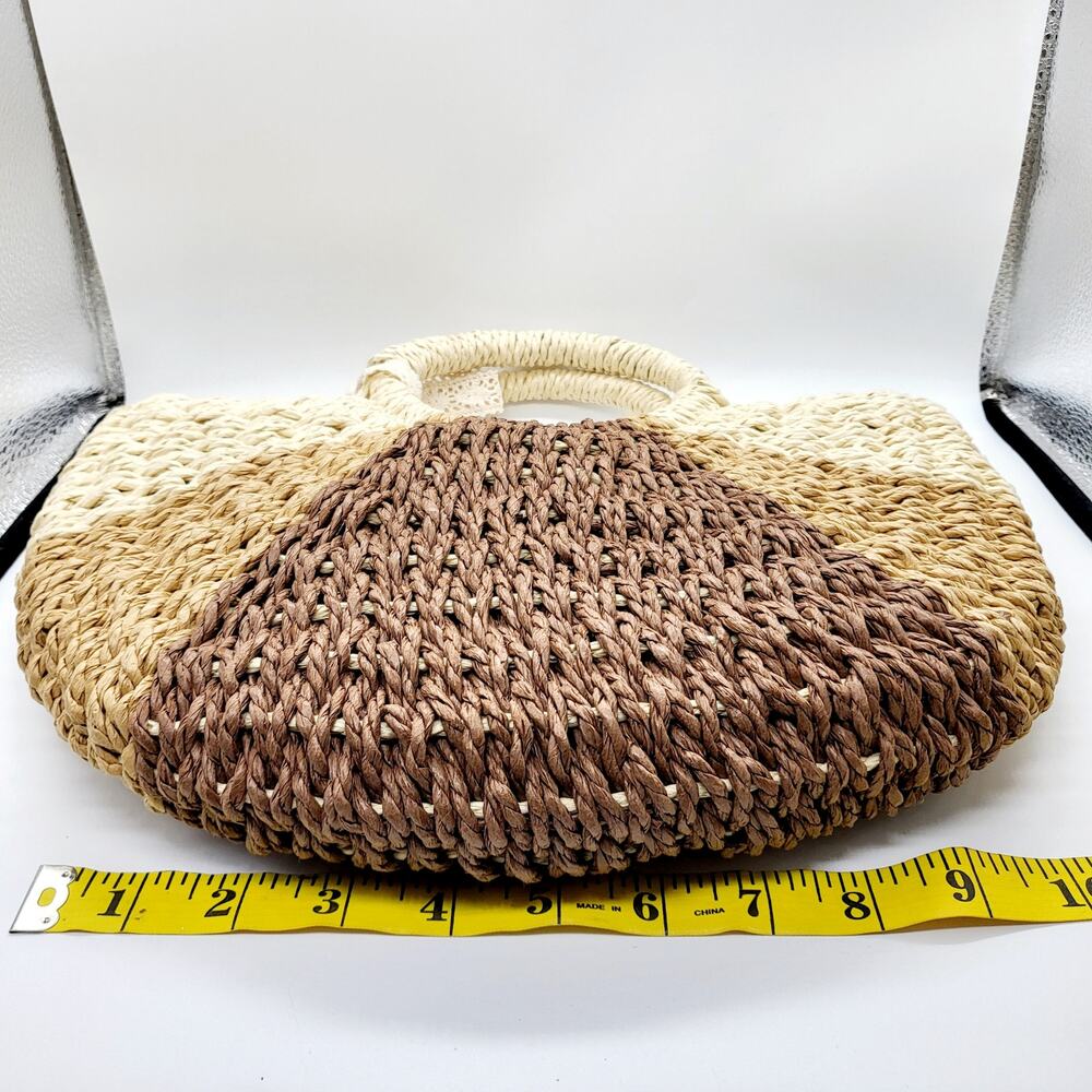 Convertible Brown Beige Colorblock Raffia Rattan Straw Handbag Purse Vacation - Picture 12 of 12